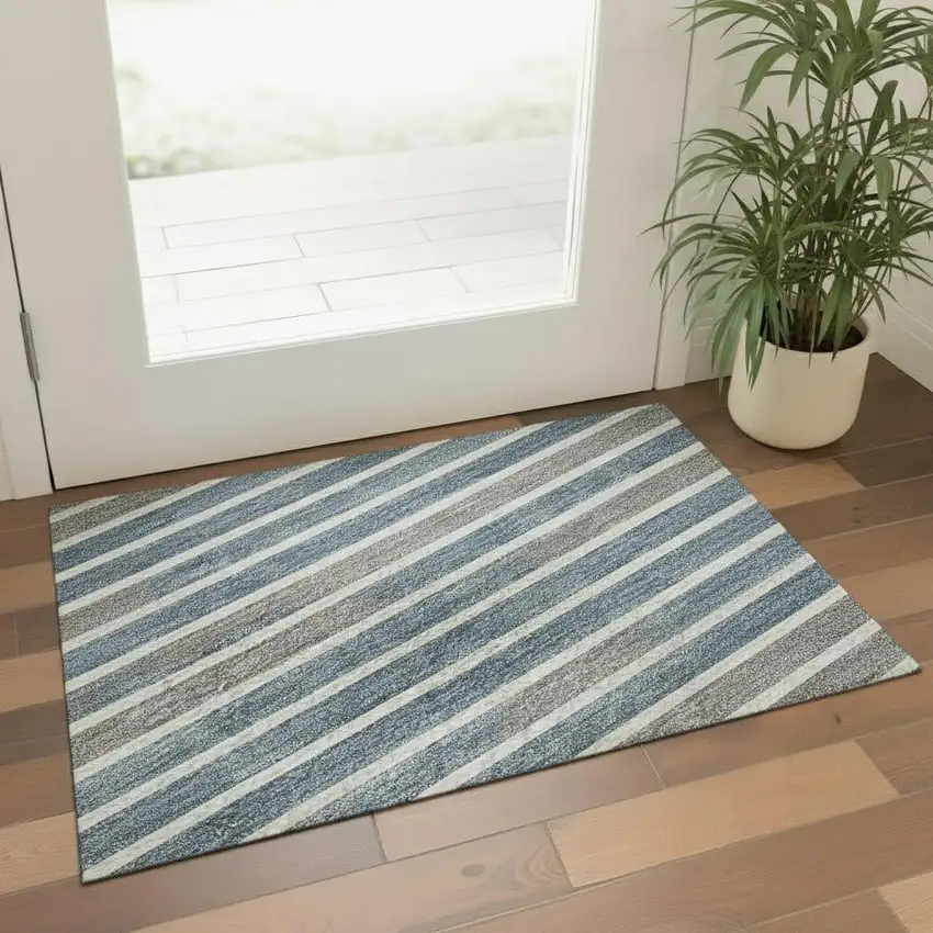 Navy Blue Ivory And Gray Striped Washable Area Rug With UV Protection Photo 2