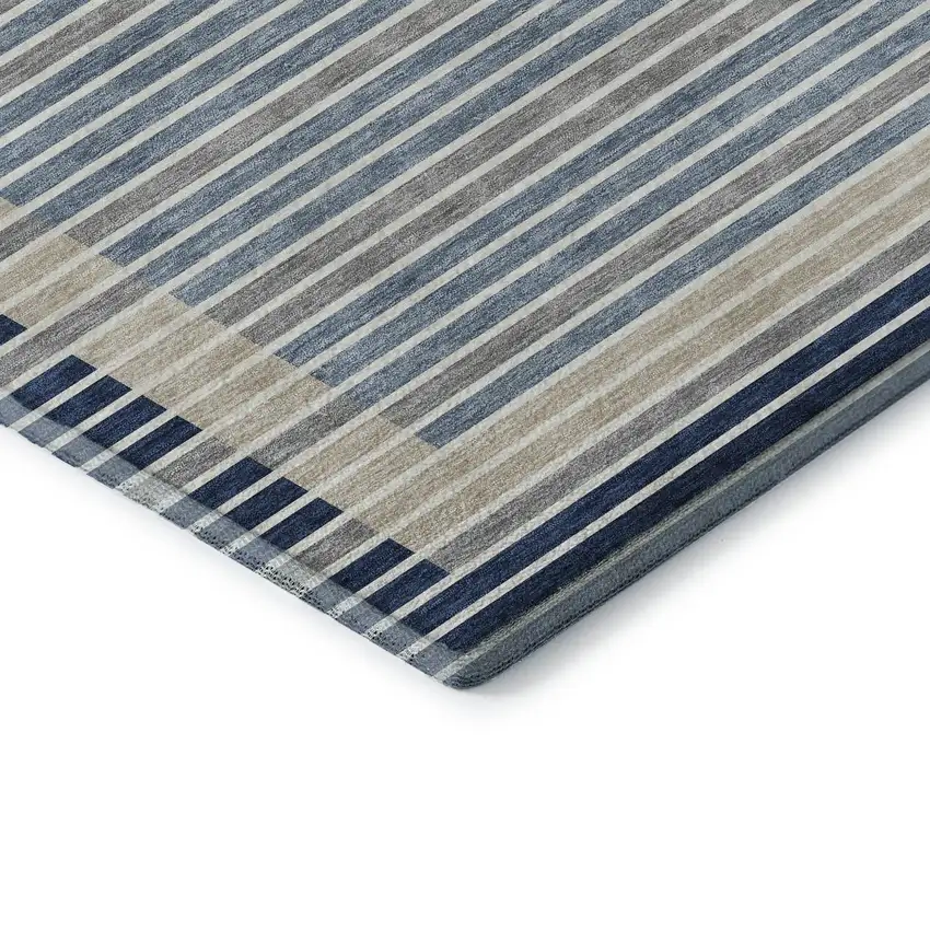 Navy Blue Ivory And Gray Striped Washable Area Rug With UV Protection Photo 8