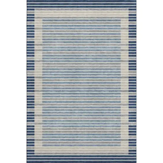Navy Blue Ivory And Gray Striped Washable Area Rug With UV Protection Photo 6