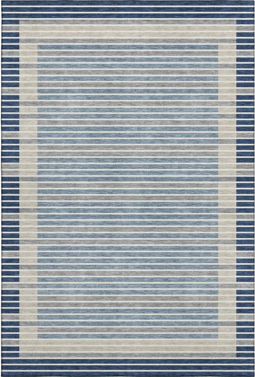 Navy Blue Ivory And Gray Striped Washable Area Rug With UV Protection Photo 6