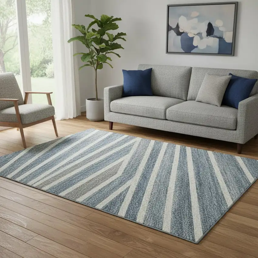 Navy Blue Ivory And Gray Striped Washable Area Rug With UV Protection Photo 2