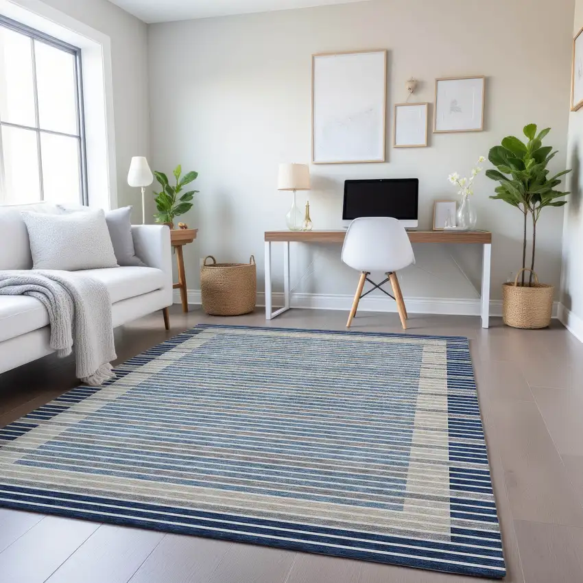 Navy Blue Ivory And Gray Striped Washable Area Rug With UV Protection Photo 4