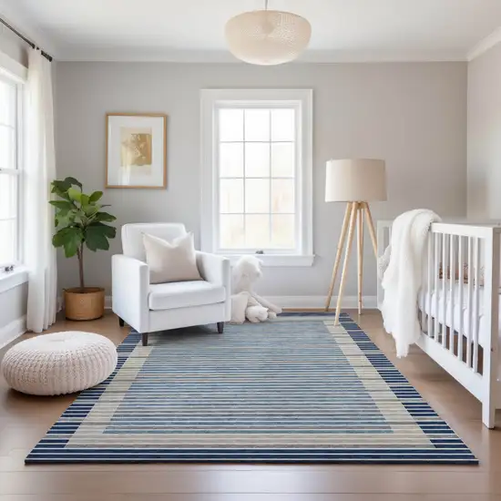 Navy Blue Ivory And Gray Striped Washable Area Rug With UV Protection Photo 6