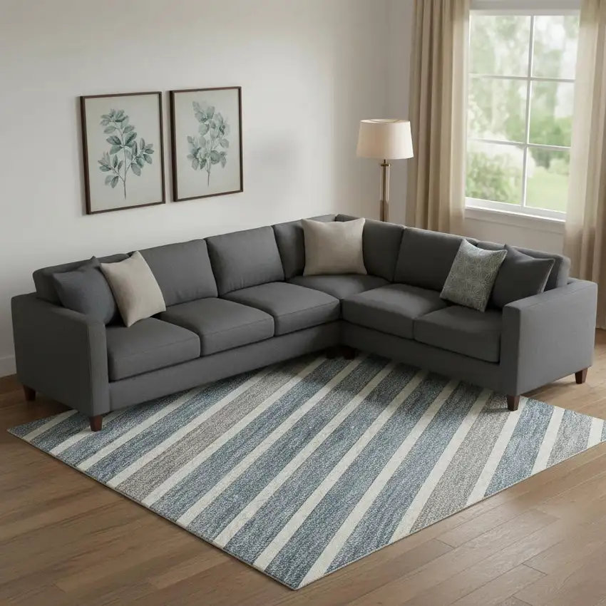 Navy Blue Ivory And Gray Striped Washable Area Rug With UV Protection Photo 2