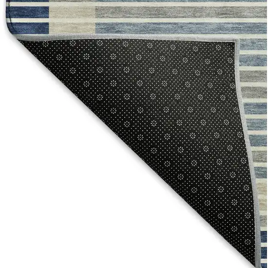 Navy Blue Ivory And Gray Striped Washable Area Rug With UV Protection Photo 7