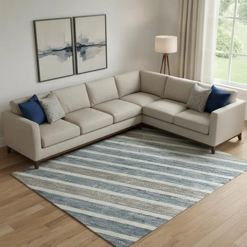 Navy Blue Ivory And Gray Striped Washable Area Rug With UV Protection Photo 2