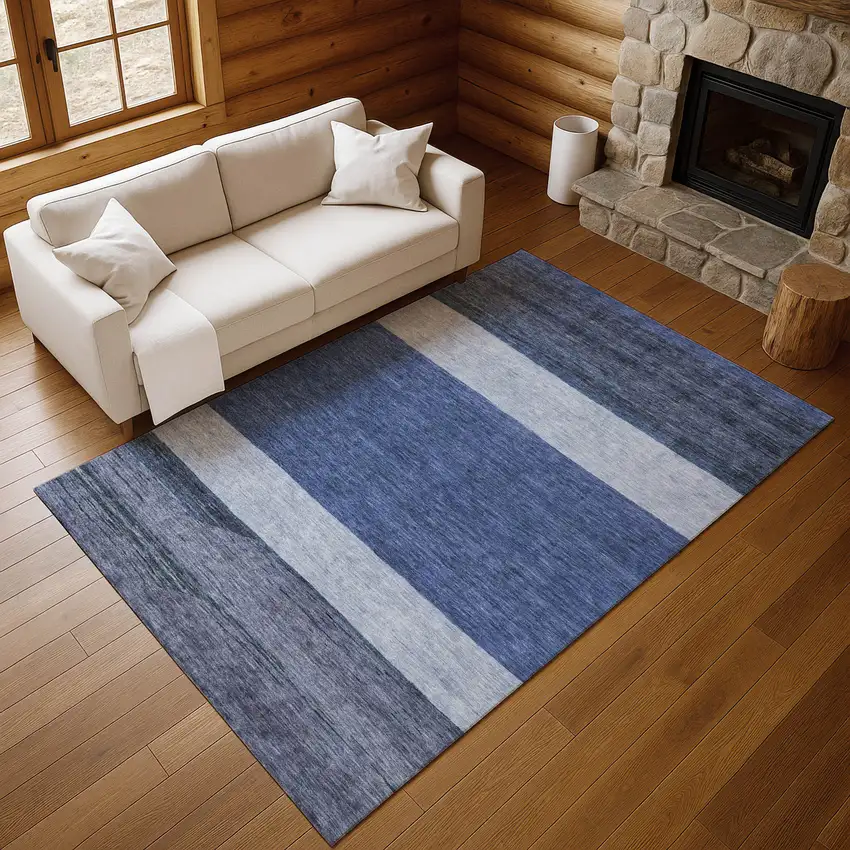 Navy Blue Ivory And Gray Striped Washable Area Rug With UV Protection Photo 5