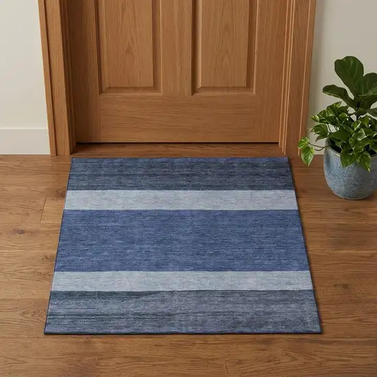 Navy Blue Ivory And Gray Striped Washable Area Rug With UV Protection Photo 1