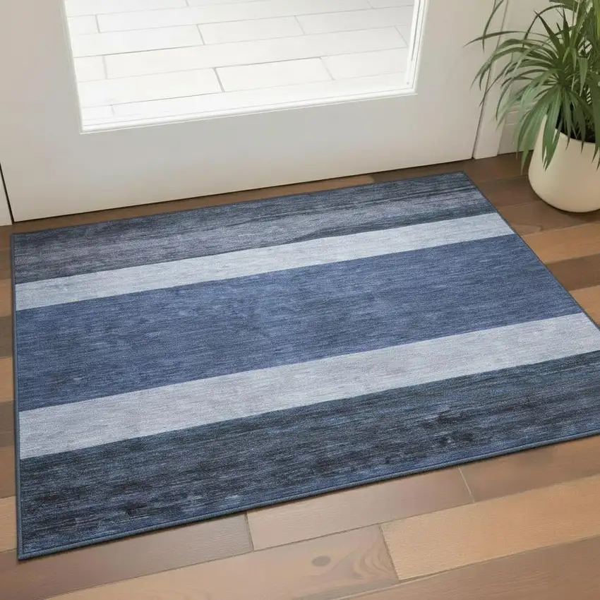 Navy Blue Ivory And Gray Striped Washable Area Rug With UV Protection Photo 2