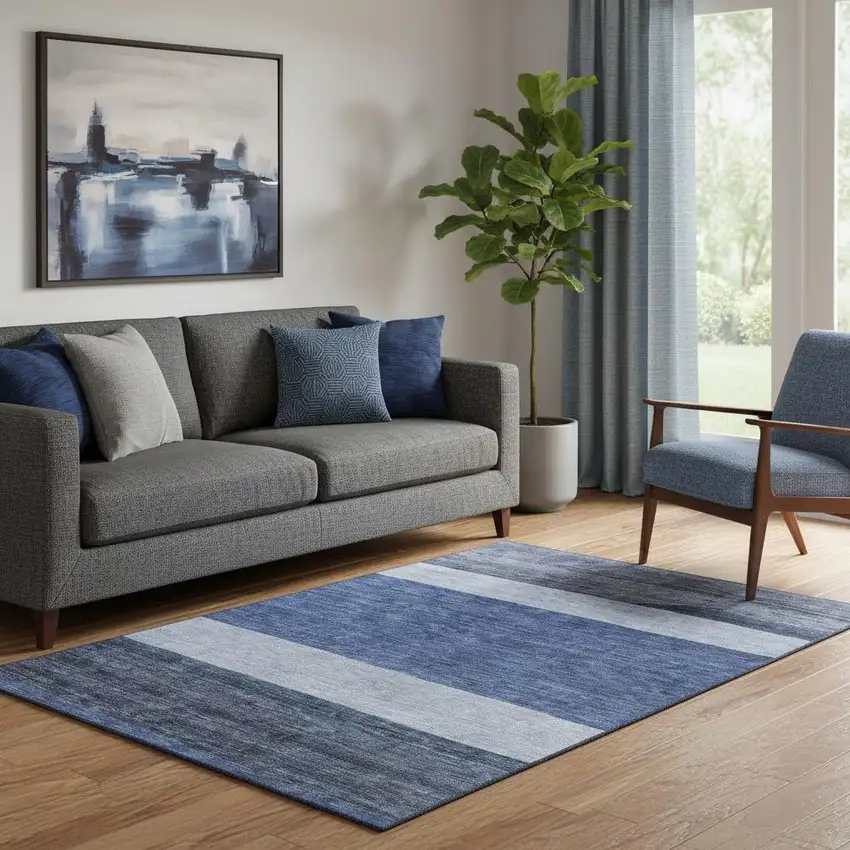 Navy Blue Ivory And Gray Striped Washable Area Rug With UV Protection Photo 2