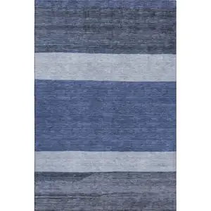 Photo of Navy Blue Ivory And Gray Striped Washable Area Rug With UV Protection