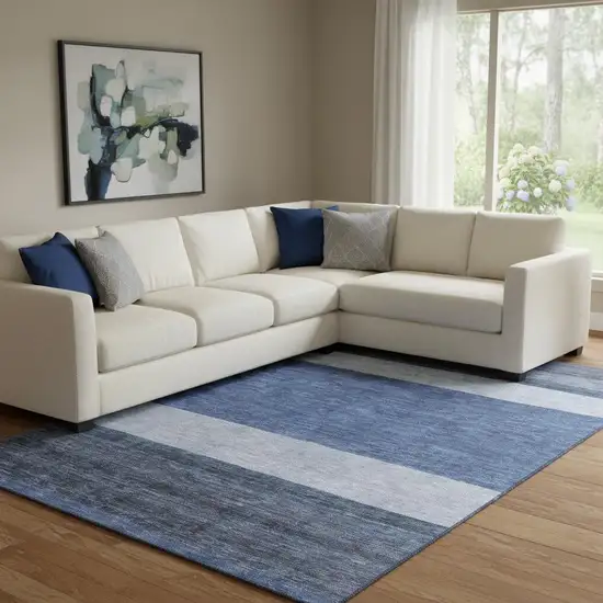 Navy Blue Ivory And Gray Striped Washable Area Rug With UV Protection Photo 2