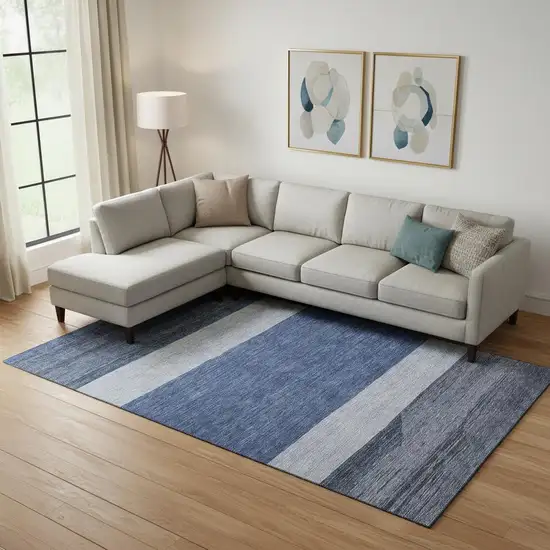 Navy Blue Ivory And Gray Striped Washable Area Rug With UV Protection Photo 2