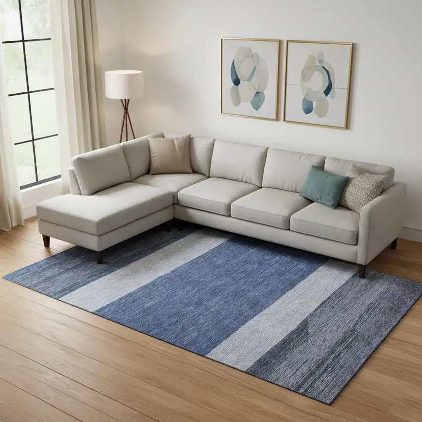 Navy Blue Ivory And Gray Striped Washable Area Rug With UV Protection Photo 2