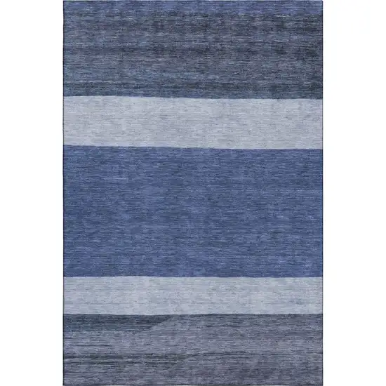 Navy Blue Ivory And Gray Striped Washable Area Rug With UV Protection Photo 1