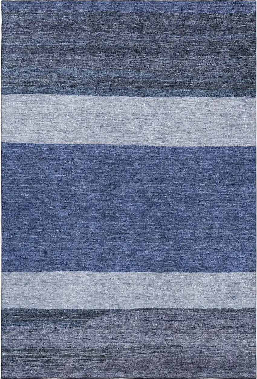 Navy Blue Ivory And Gray Striped Washable Area Rug With UV Protection Photo 1