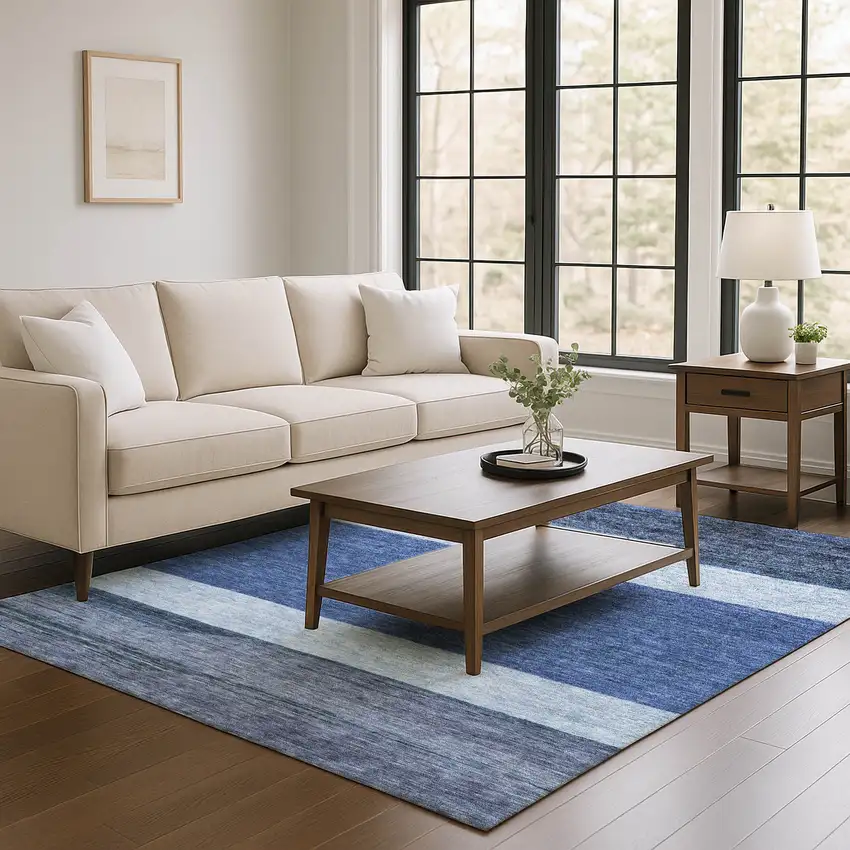 Navy Blue Ivory And Gray Striped Washable Area Rug With UV Protection Photo 4