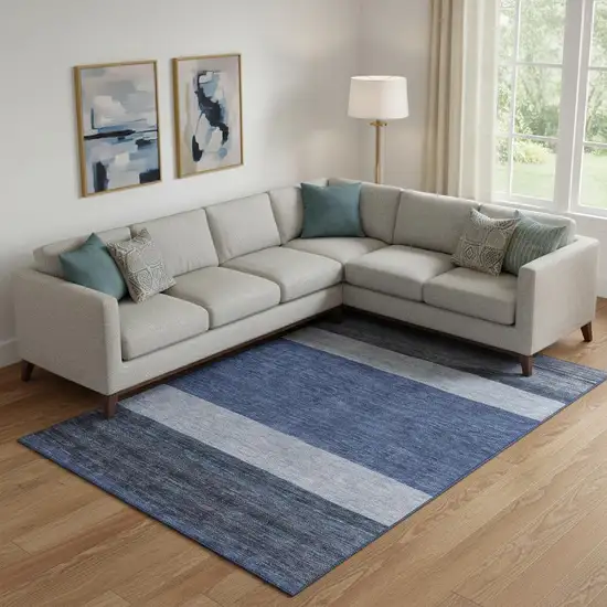 Navy Blue Ivory And Gray Striped Washable Area Rug With UV Protection Photo 2