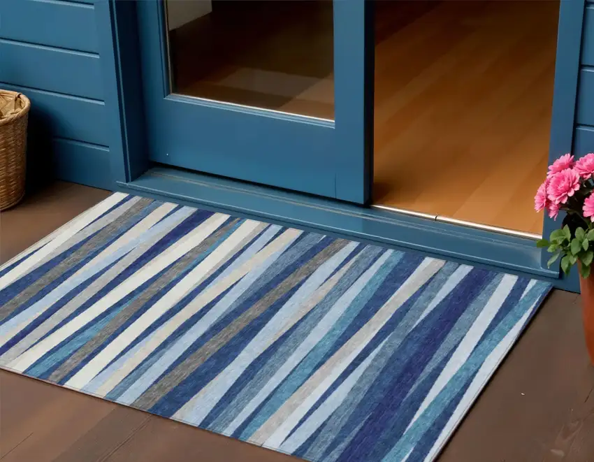 Navy Blue Ivory And Gray Striped Washable Indoor Outdoor Area Rug Photo 1