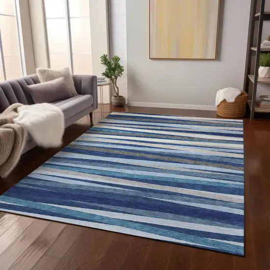 Navy Blue Ivory And Gray Striped Washable Indoor Outdoor Area Rug Photo 8
