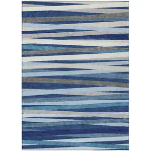 Photo of Navy Blue Ivory And Gray Striped Washable Indoor Outdoor Area Rug