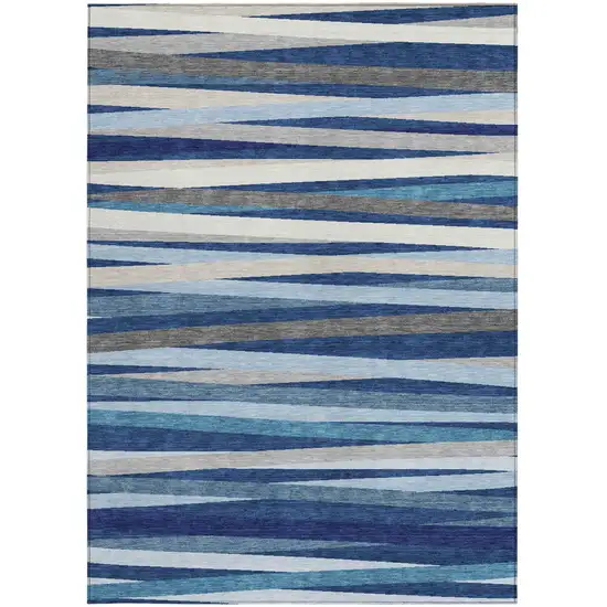 Navy Blue Ivory And Gray Striped Washable Indoor Outdoor Area Rug Photo 5