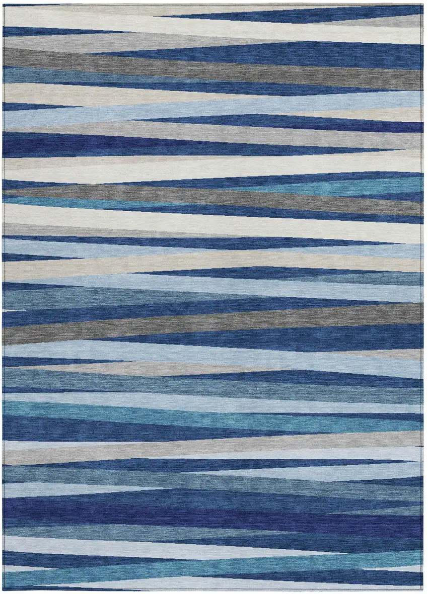 Navy Blue Ivory And Gray Striped Washable Indoor Outdoor Area Rug Photo 5