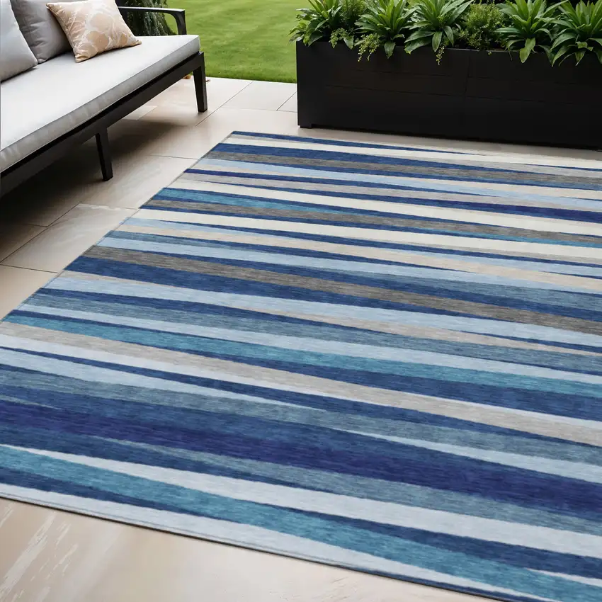 Navy Blue Ivory And Gray Striped Washable Indoor Outdoor Area Rug Photo 1