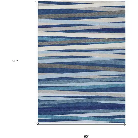 Navy Blue Ivory And Gray Striped Washable Indoor Outdoor Area Rug Photo 3