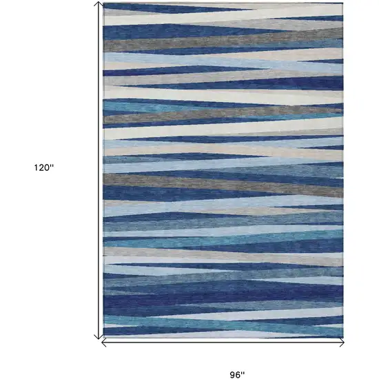 Navy Blue Ivory And Gray Striped Washable Indoor Outdoor Area Rug Photo 3