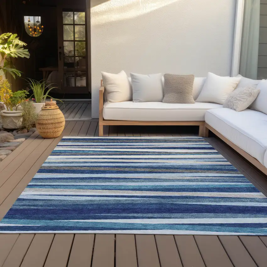 Navy Blue Ivory And Gray Striped Washable Indoor Outdoor Area Rug Photo 7