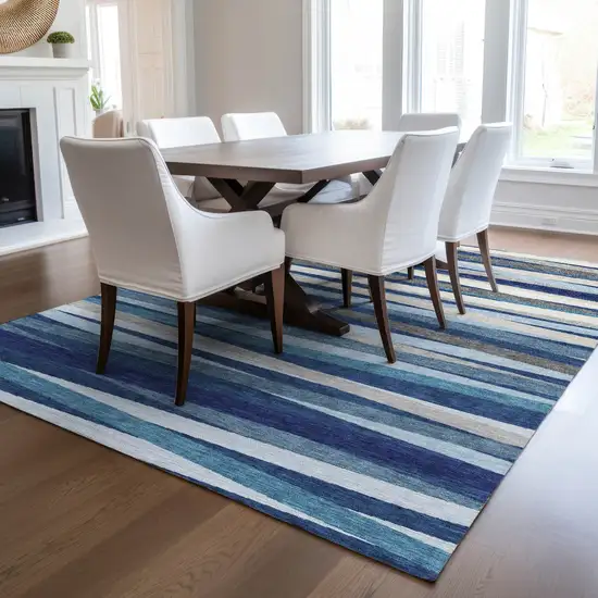 Navy Blue Ivory And Gray Striped Washable Indoor Outdoor Area Rug Photo 9