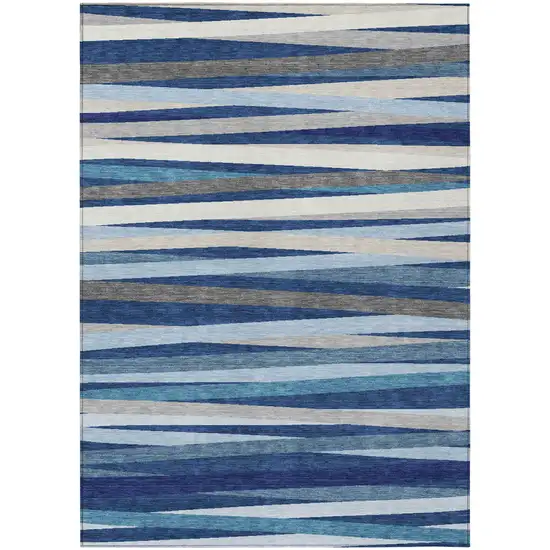Navy Blue Ivory And Gray Striped Washable Indoor Outdoor Area Rug Photo 2