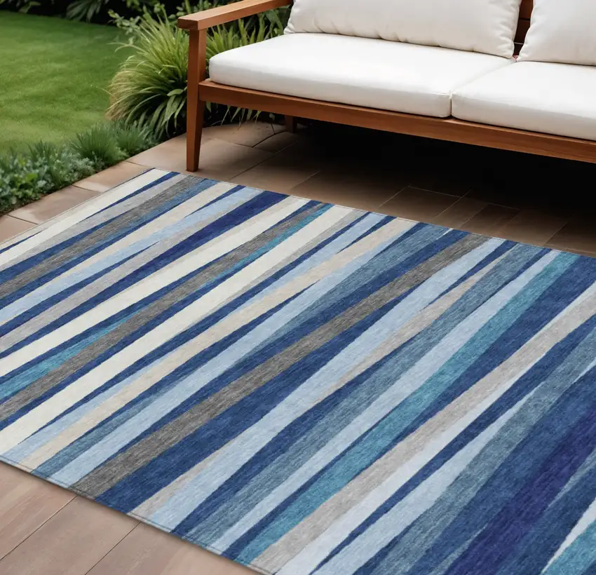 Navy Blue Ivory And Gray Striped Washable Indoor Outdoor Area Rug Photo 1