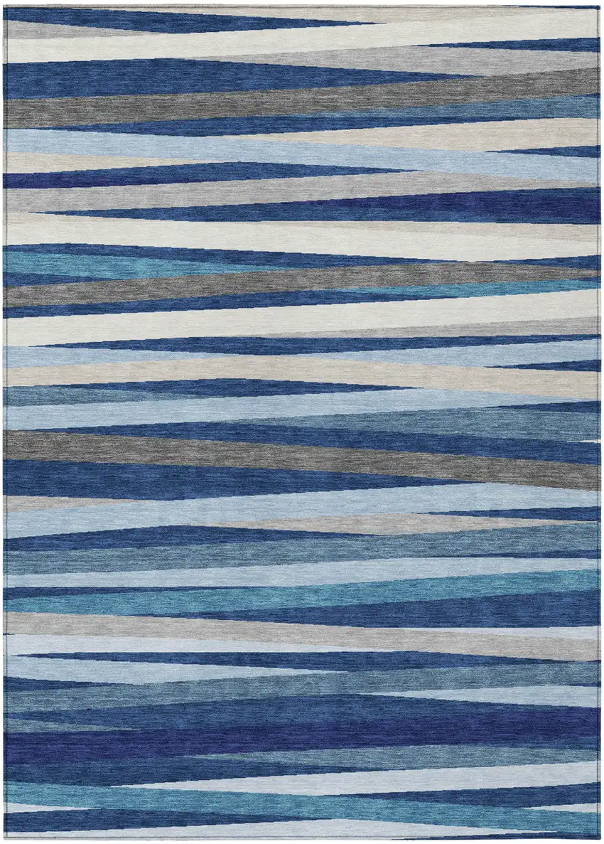 Navy Blue Ivory And Gray Striped Washable Indoor Outdoor Area Rug Photo 2