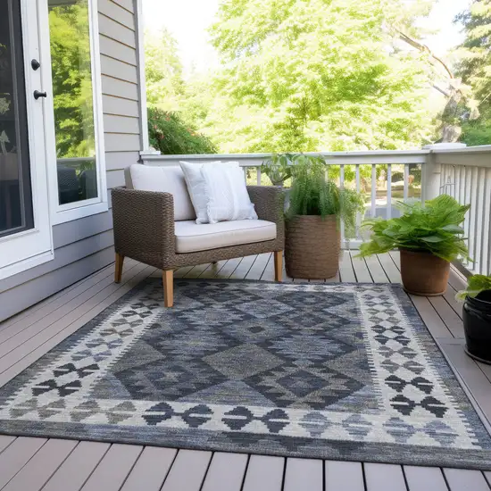 Navy Blue Ivory And Gray Tribal Washable Indoor Outdoor Area Rug Photo 8