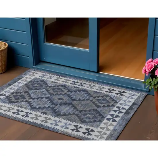 Navy Blue Ivory And Gray Tribal Washable Indoor Outdoor Area Rug Photo 2
