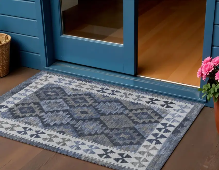 Navy Blue Ivory And Gray Tribal Washable Indoor Outdoor Area Rug Photo 2