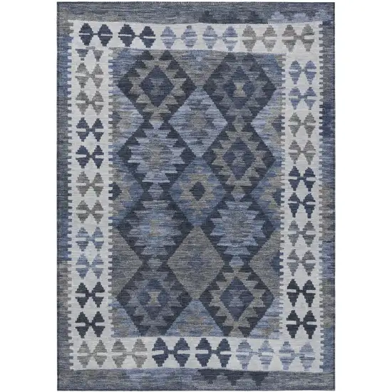 Navy Blue Ivory And Gray Tribal Washable Indoor Outdoor Area Rug Photo 1
