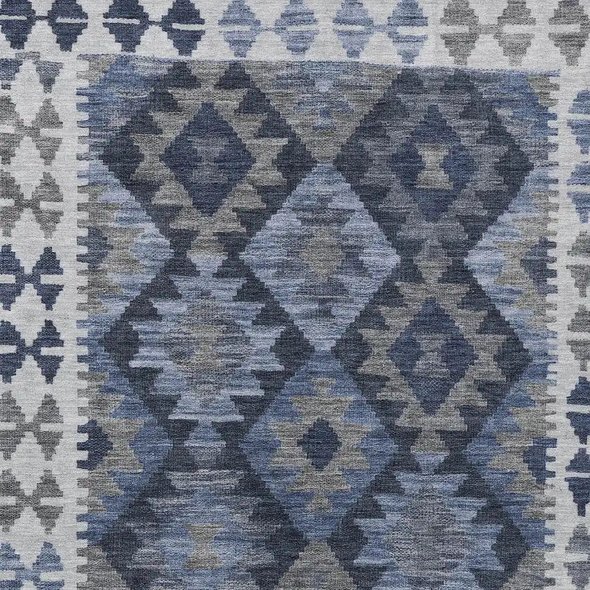 Navy Blue Ivory And Gray Tribal Washable Indoor Outdoor Area Rug Photo 9