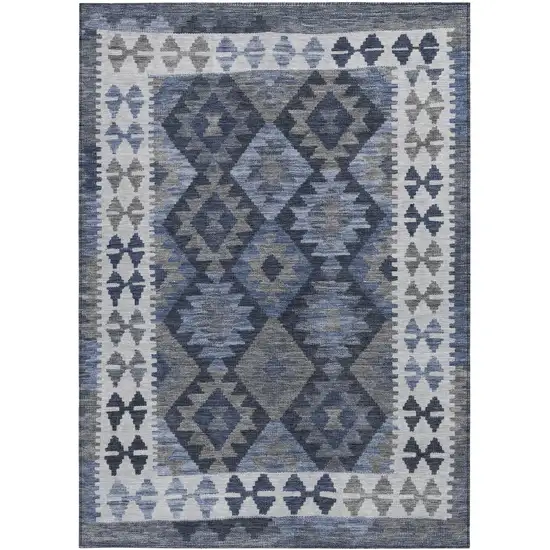 Navy Blue Ivory And Gray Tribal Washable Indoor Outdoor Area Rug Photo 4