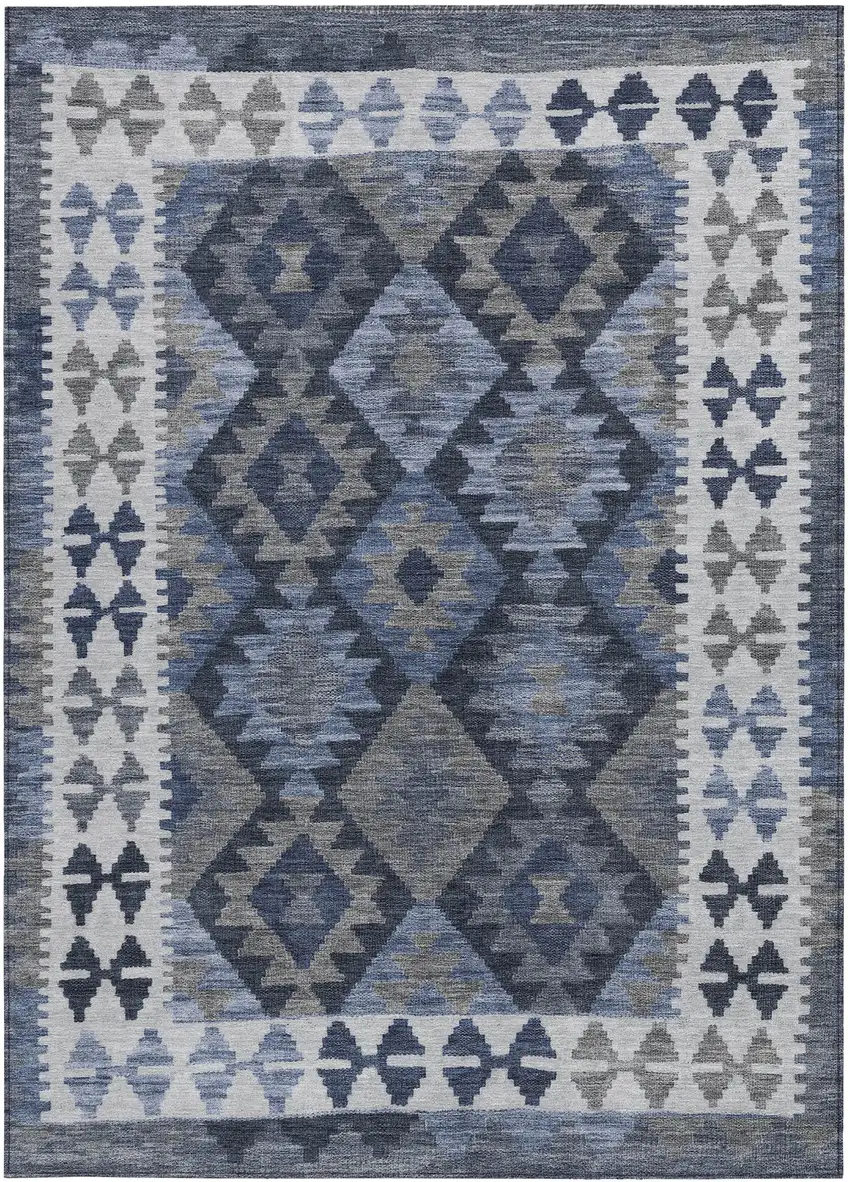Navy Blue Ivory And Gray Tribal Washable Indoor Outdoor Area Rug Photo 4