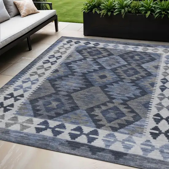 Navy Blue Ivory And Gray Tribal Washable Indoor Outdoor Area Rug Photo 2