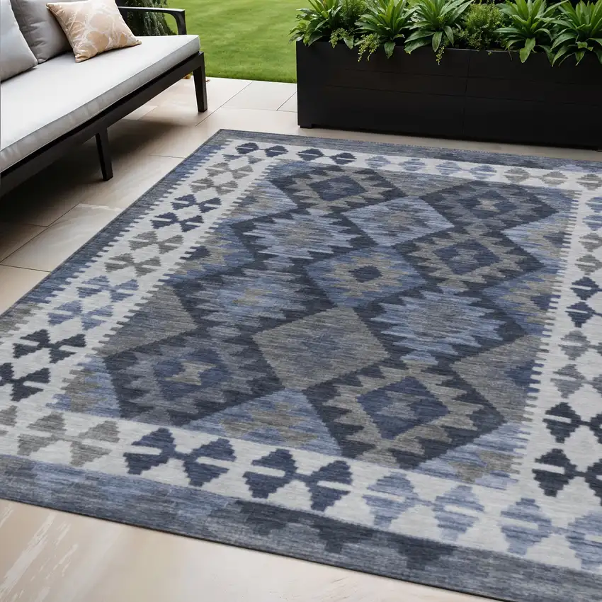 Navy Blue Ivory And Gray Tribal Washable Indoor Outdoor Area Rug Photo 2