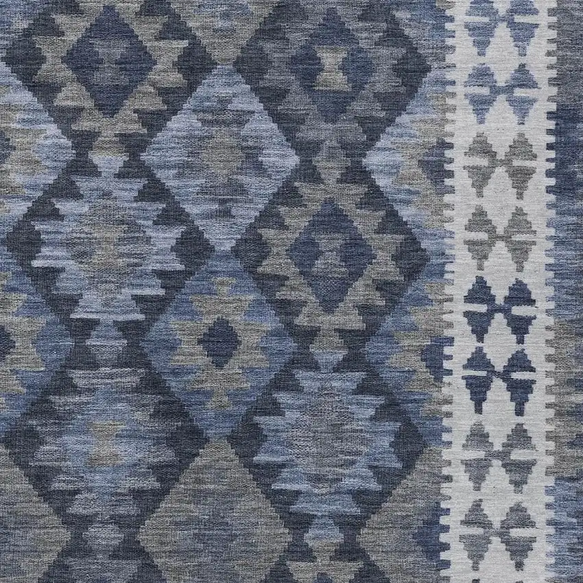 Navy Blue Ivory And Gray Tribal Washable Indoor Outdoor Area Rug Photo 3