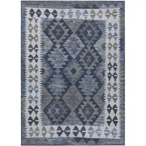 Photo of Navy Blue Ivory And Gray Tribal Washable Indoor Outdoor Area Rug