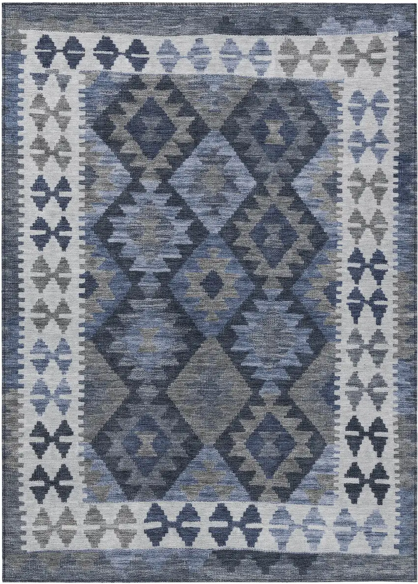 Navy Blue Ivory And Gray Tribal Washable Indoor Outdoor Area Rug Photo 1
