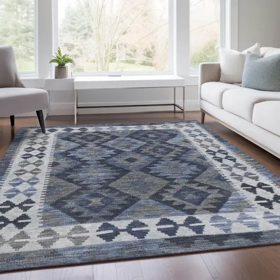 Navy Blue Ivory And Gray Tribal Washable Indoor Outdoor Area Rug Photo 7