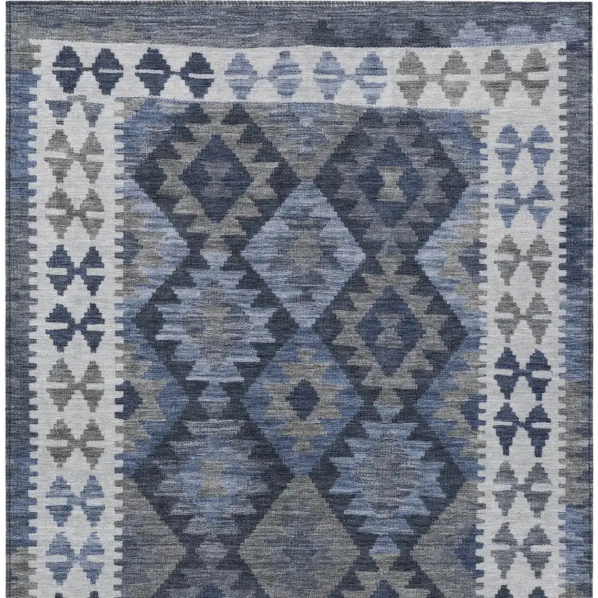 Navy Blue Ivory And Gray Tribal Washable Indoor Outdoor Area Rug Photo 9