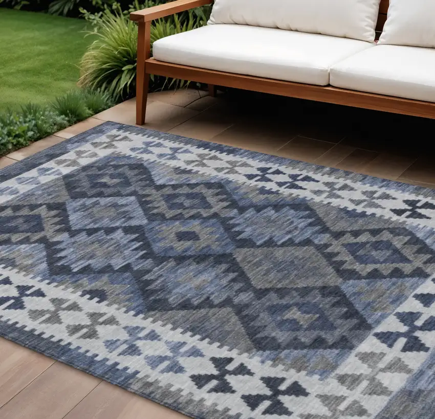 Navy Blue Ivory And Gray Tribal Washable Indoor Outdoor Area Rug Photo 2